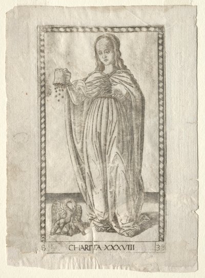 Charity from the Tarocchi, sarja B: Cosmic Principles & Virtues, #38, ennen vuotta 1467. tekijältä Master of the E Series Tarocchi