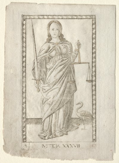Justice from the Tarocchi, sarja B: Cosmic Principles & Virtues, #37, ennen vuotta 1467. tekijältä Master of the E Series Tarocchi