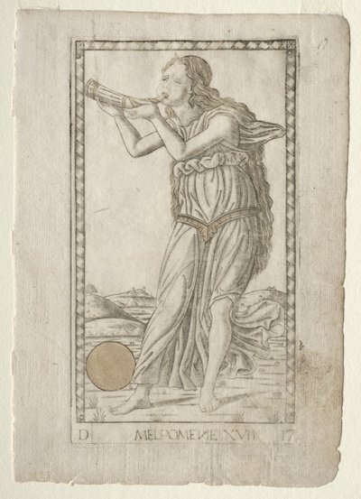 Melpomenen tragedia Tarocchi-sarjasta D: Apollo and the Muses, #17, ennen vuotta 1467. tekijältä Master of the E Series Tarocchi