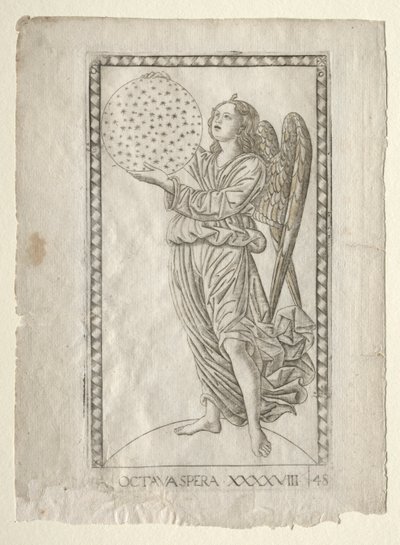 Kahdeksannen pallon enkeli Tarocchista, sarja A..., ennen vuotta 1467. tekijältä Master of the E Series Tarocchi