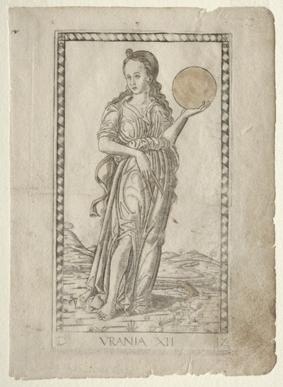 Urania tähtitiede Tarocchi-sarjasta D: Apollo and the Muses, #12, ennen vuotta 1467. tekijältä Master of the E Series Tarocchi