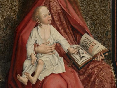 Yksityiskohta Madonnasta, jonka enkelit kruunasivat (öljy paneelissa) tekijältä Master of the Embroidered Foliage