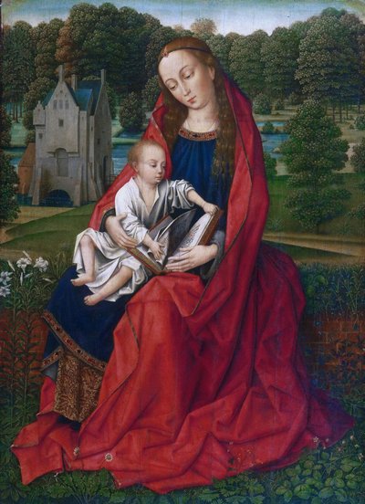Hollanti: Maria met kind Neitsyt ja lapsi maisemassa tekijältä Master of the Embroidered Foliage