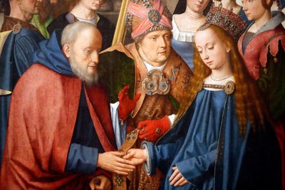 Evoran museo. Evoran alttaritaulun mestari. Neitsyen ja Joosefin häät. Öljy paneelissa. Flanderin koulu 1500. Portugali. tekijältä Master of the Evora Altarpiece