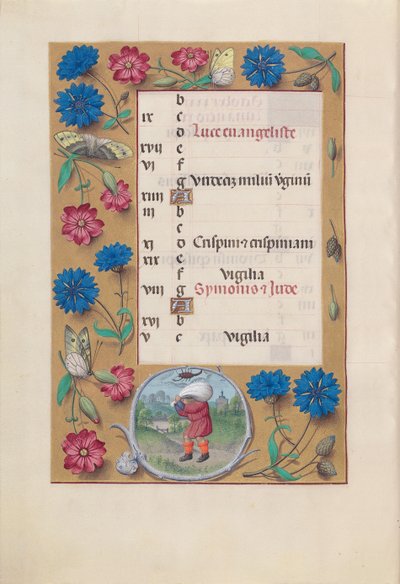 Kuningatar Isabella Katolisen, Espanjan kuningatar: Fol. 11v, lokakuu, n. 1500. tekijältä Master of the First Prayerbook of Maximillian