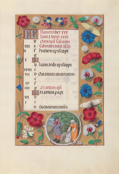 Espanjan kuningattaren Isabella katolisen tunteja:  Fol. 12r, marraskuu tekijältä Master of the First Prayerbook of Maximillian