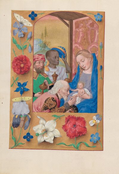 Kuningatar Isabella Katolisen, Espanjan kuningatar: Fol. 136v, Adoration of the Magi, c. 1500. tekijältä Master of the First Prayerbook of Maximillian
