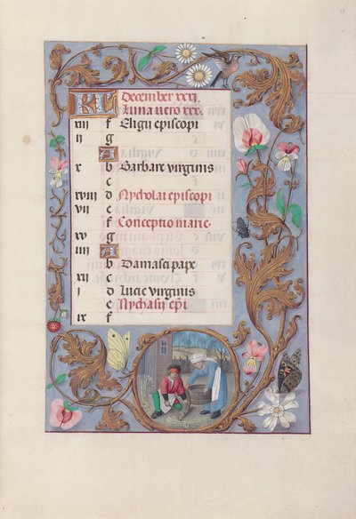 Espanjan kuningattaren Isabella katolisen tunteja:  Fol. 13r, joulukuu tekijältä Master of the First Prayerbook of Maximillian