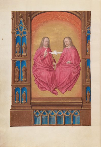 Espanjan kuningattaren Isabella katolisen tunteja:  Fol. 17v, Kolminaisuus tekijältä Master of the First Prayerbook of Maximillian