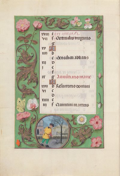 Kuningatar Isabella Katolisen, Espanjan kuningatar: Fol. 4v, maaliskuu, c. 1500. tekijältä Master of the First Prayerbook of Maximillian