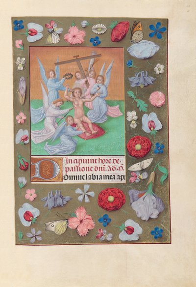 Espanjan kuningattaren Isabella katolisen tunteja:  Fol. 50r, Kristuslapsi ja kärsimysvälineet. tekijältä Master of the First Prayerbook of Maximillian