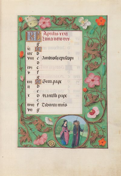 Kuningatar Isabella Katolisen, Espanjan kuningatar: Fol. 5r, huhtikuu - Squire ja Damsel, n. 1500. tekijältä Master of the First Prayerbook of Maximillian