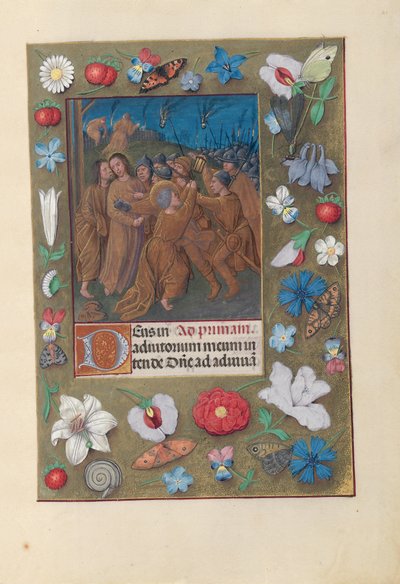 Espanjan kuningattaren Isabella katolisen tunteja:  Fol. 61r, Juudaksen suudelma tekijältä Master of the First Prayerbook of Maximillian