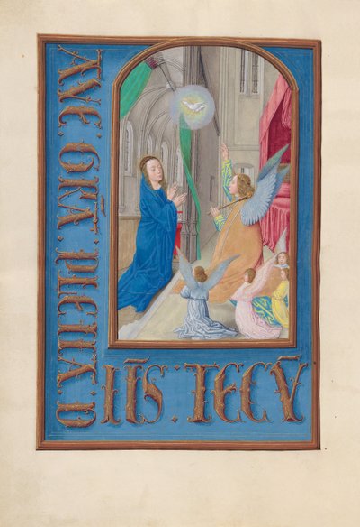 Kuningatar Isabella Katolisen, Espanjan kuningatar: Fol. 97v, Annunciation, c. 1500. tekijältä Master of the First Prayerbook of Maximillian