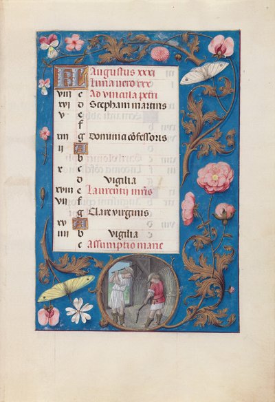 Espanjan kuningattaren Isabella katolisen tunteja:  Fol. 9r, elokuu - Vehnän puinti tekijältä Master of the First Prayerbook of Maximillian