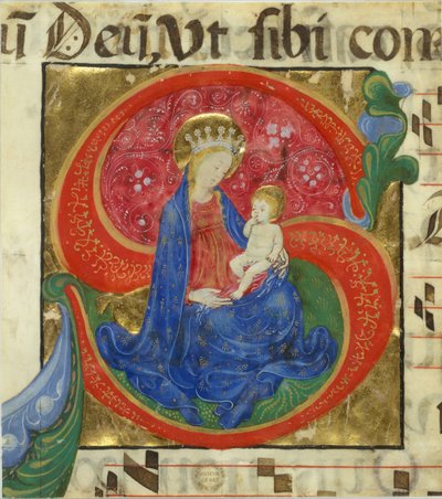 Käsikirjoitus Neitsyen ja lapsen kanssa S-kirjaimella, antifonaarista, 1500-luvun puoliväli tekijältä Master of the Franciscan Breviary