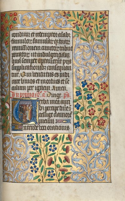 Tuntikirja Rouenin käyttö: fol. 110r, Messu kuolleiden puolesta alussa, n. 1470. tekijältä Master of the Geneva Latini