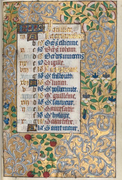 Tuntikirja Rouenin käyttö: fol. 1r, Eaborate Foliated Border, c. 1470. tekijältä Master of the Geneva Latini