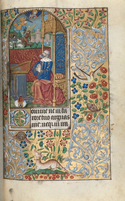 Tuntikirja Rouenin käyttö: fol. 80r, David katuva, kaukaisuudessa David Slaying Goliath, c1470 tekijältä Master of the Geneva Latini