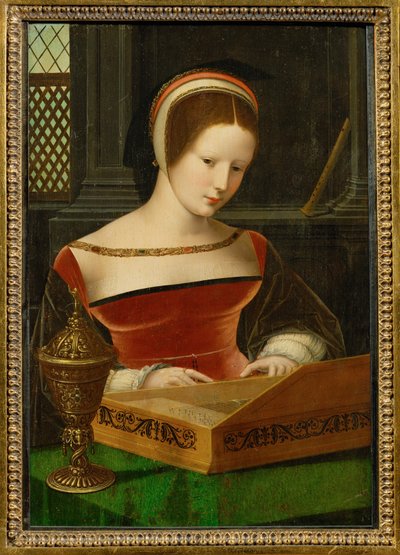 Nainen klavikordilla. Voideastia on Maria Magdaleenan attribuutti (maalaus kankaalle). tekijältä Master of the Half Figures