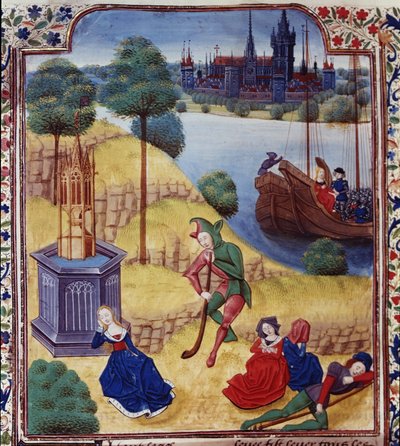 Lisää 35322 fol.227v Ephigenia ja Cimone, Giovanni Boccaccion (1313-75) "Decameron", n. 1475 (vellum) tekijältä Master of the Harley Froissart