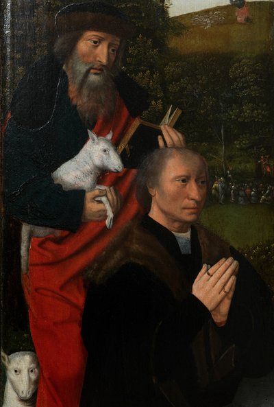 Yksityiskohta vasemmasta paneelista Neitsyt ja lapsi Pyhän Katariinan ja Pyhän Barbaran kanssa, n. 1520-25 (öljy paneelissa) tekijältä Master of the Holy Blood