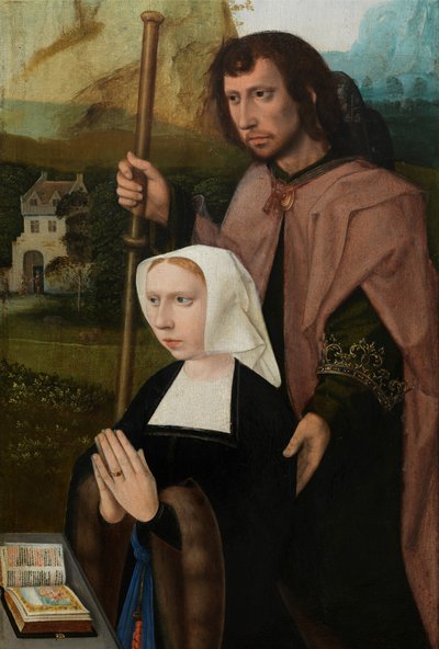 Yksityiskohta oikeanpuoleisesta paneelista Neitsyt ja lapsi Pyhän Katariinan ja Pyhän Barbaran kanssa, n. 1520-25 (öljy paneelille) tekijältä Master of the Holy Blood