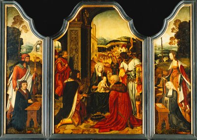 Triptyykki: Maagien palvonta, jossa Pyhä Jaakob esittelee luovuttajan ja Pyhä Katariina Aleksandrialainen lahjoittajan vaimon ja kaksi tytärtä tekijältä Master of the Holy Blood