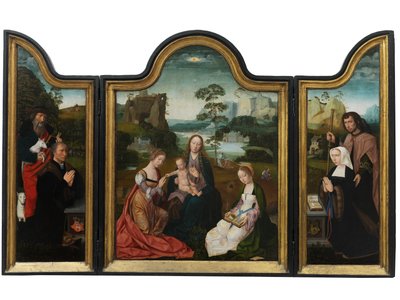 Neitsyt ja lapsi Pyhän Katariinan ja Pyhän Barbaran kanssa, n. 1520-25 (öljy paneelille) tekijältä Master of the Holy Blood