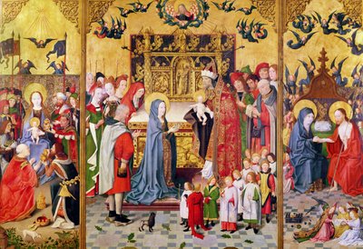 Neitsyen seitsemän ilon alttaritaulu, joka kuvaa tietäjien palvontaa, esittelyä temppelissä ja Kristuksen ilmestymistä Marialle, n. 1480 tekijältä Master of the Holy Family