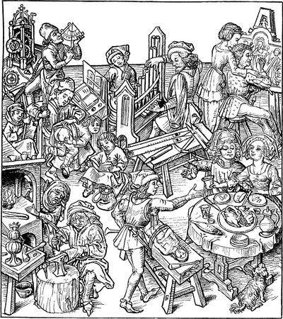 Mercury ja hänen lapsensa. Kuvitus Housebookista, 1480-luku tekijältä Master of the Housebook