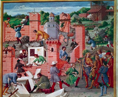 Rooman kaupungin rakentaminen. Kaksoset Romulus ja Remus vierailevat työmaalla (töiden tarkastus ja ennakkotyöt). Työntekijät ovat aktiivisia tehtävässä: Maconit, Stone Tailors, kantajat, marmori ja sementti (valmistaa sementtiä) töissä. Miniatyyri "" Romu tekijältä Master of the Innocent III missal