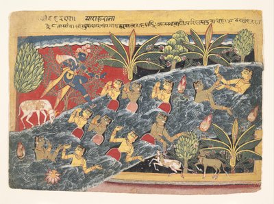 Gopit anovat Krishnaa palauttamaan vaatteensa: Folio from Isarda Bhagavata..., n. 1560-65 tekijältä Master of the Isarda