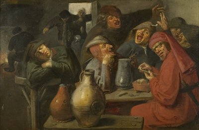 Tavernan sisustus, talonpoikien karuselli, n. 1635 (öljy paneelille) tekijältä Master of the Large Jar