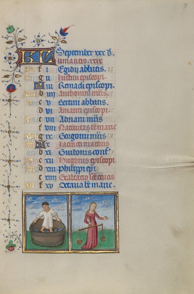 Kalenterin sivu syyskuulle; Viinin tekeminen; Vaaka tekijältä Master of the Lee Hours