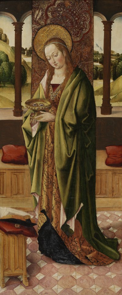 Neitsyen ja lapsen triptyykki kahdella enkelillä, yksityiskohta St. Lucysta oikeasta paneelista, n. 1500 (katso myös 225326, 225327) tekijältä Master of the Lee Triptych Master of the Lee Triptych