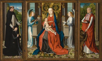 Triptyykki: Madonna ja lapsi enkelien kanssa, lahjoittaja ja hänen suojelijansa Pyhä Pietari Marttyyri ja Pyhä Hieronymus. tekijältä Master of the Legend of Saint Lucy