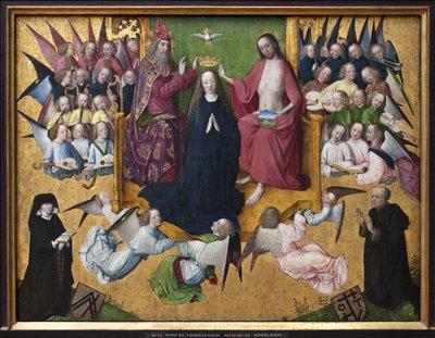 Marian kruunajaiset. Pyhän Kolminaisuuden esitys: Jumala, Jeesus Kristus ja Pyhän Hengen kyyhkynen (Pyhä Henki). Maalaus Lyversbergerin intohimon mestarista (toimii 1460-1490), öljy puulle, varhainen saksalainen taide 1400-luvulta. München, Alte tekijältä Master of the Lyversberg Passion