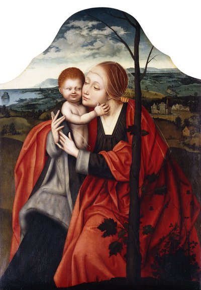 Neitsyt ja lapsi istumassa puun vieressä tekijältä Master of the Mansi Magdalen