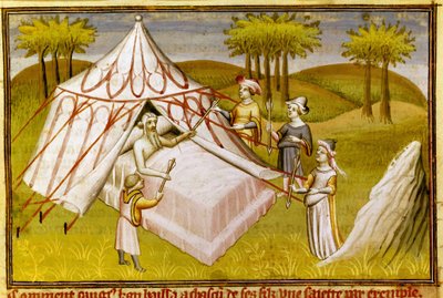 Mongolian johtaja Tšingis-kaani kuolinvuoteella antamassa viimeisiä suosituksia pojilleen, n. 1410 (pienikokoinen) tekijältä Master of the Mazarine