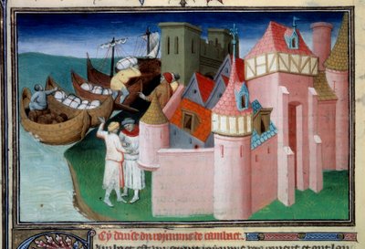 Pallien purkaminen Khambhatin kaupungissa Intiassa. Miniatyyri teoksessa "" The Book of Wonders"" ("" Devisement du monde", "" Il Milione") Ms2810, Folio 86v. Käsikirjoitus Mazarine Masterin luvattuna ja Marco Polon (1254-1324) kirjoittama, n. 1410-1412. B tekijältä Master of the Mazarine