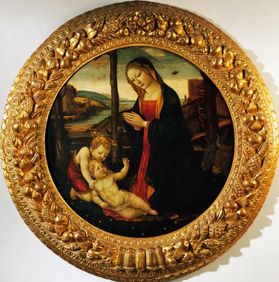 Madonna ja lapsi vauvan Pyhän Johannes Kastajan kanssa, Tondo Millerin mestarille kuuluva maalaus (1400-luvun loppu). tekijältä Master of the Miller Tondo (attr. to)