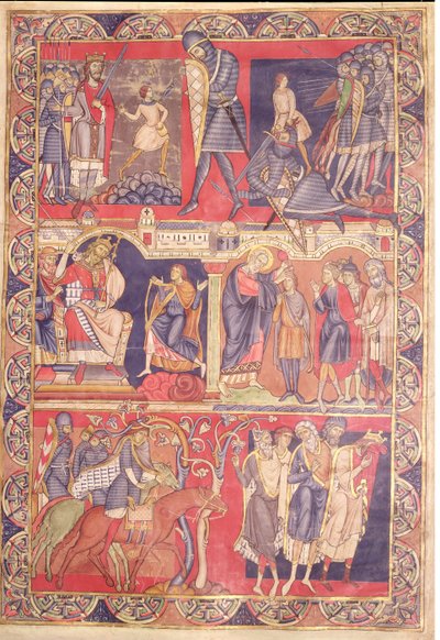 Kohtauksia Samuelin, Saulin ja Davidin elämästä Winchesterin Raamatusta, 1160-80 tekijältä Master of the Morgan Leaf