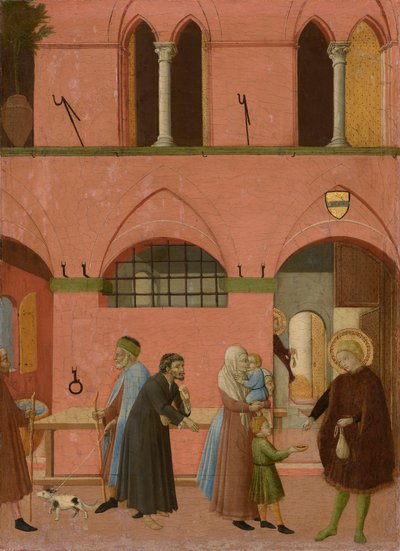 Pyhä Antonius jakamassa rikkauksiaan köyhille, noin 1430-1435 (tempera poppelipaneelille). tekijältä Master of the Osservanza