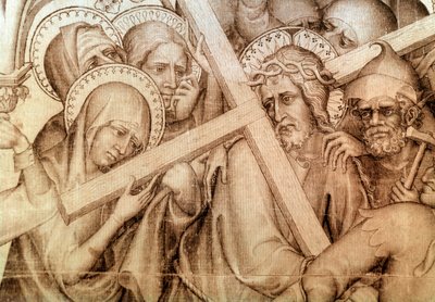 Narbonnen kalvo: Kristus kantaa ristiään (grisaille silkillä tekijältä Master of the Parement of Narbonne