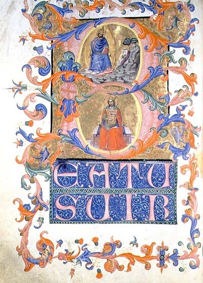 ds 559 f.44v Historiallinen alkukirjain "B", jossa luomakunta ja kuningas Daavid harppua soittaen, kuorokirjasta (vellum) tekijältä Master of the Psalters