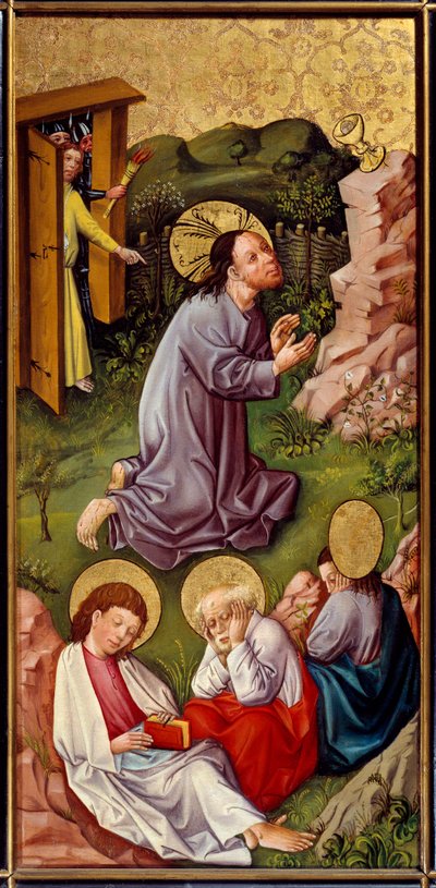 Kristus oliivipuutarhassa Ylä-Reinin mestarin puumaalaus (1400-luku) 1460 Lyon, Musee des Beaux Arts tekijältä Master of the Rhine