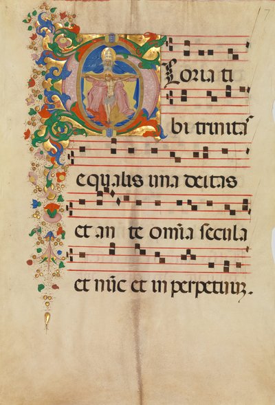 Käsikirjoituslehti, jossa kolminaisuus kirjaimella G, antifonaarista, 1400-luvun toinen puoli. tekijältä Master of the Riccardiana Lactantius