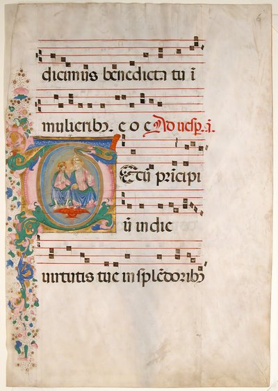 Käsikirjoituslehti, jossa kolminaisuus kirjaimella T, antifonaarista, 1400-luvun toinen puoli. tekijältä Master of the Riccardiana Lactantius