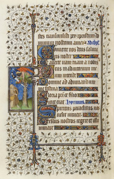 Ms 62 f.132v Siivekäs hahmo puun latvassa, jossa on miekalla lävistetty kirja, Guillaume de Deguillevillen teoksesta "Pyhän Hengen tunnit" 1350, 1417 (muste ja kultalehti pergamentilla) tekijältä Master of the Rohan Hours